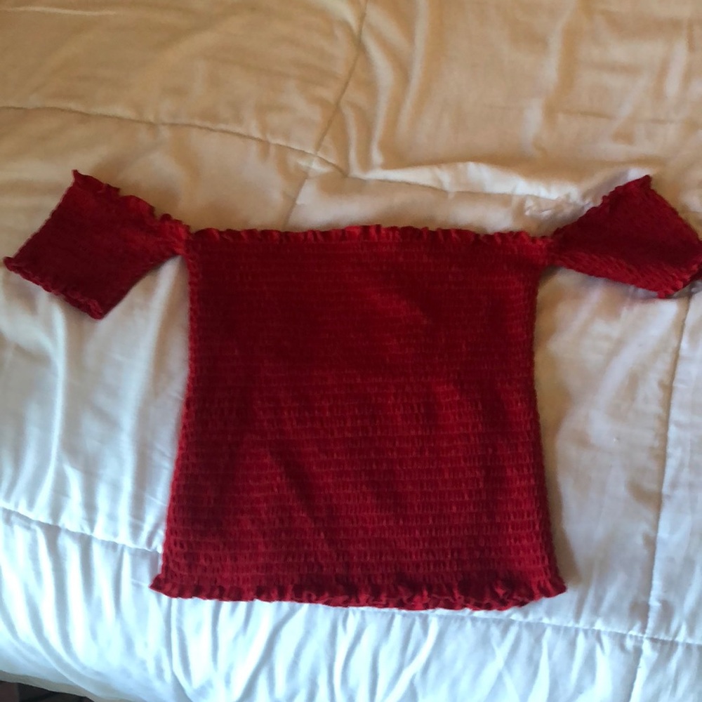red off the shoulder shirt